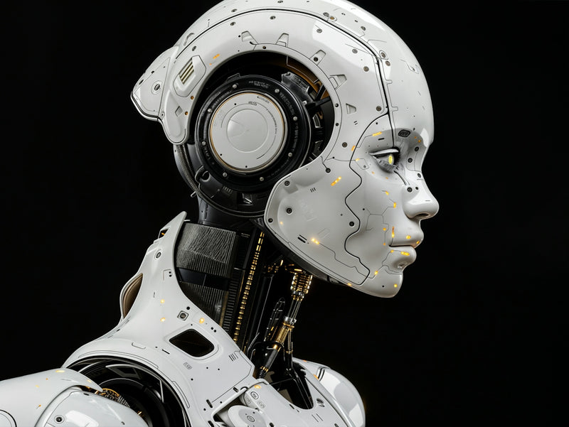 A white robot is standing in front of a black background