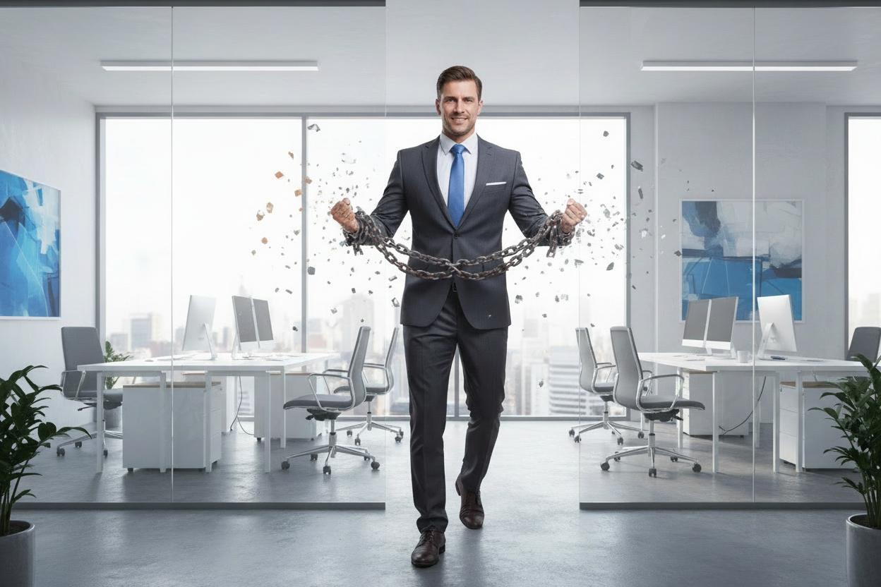 Business professional breaking chains - clean version